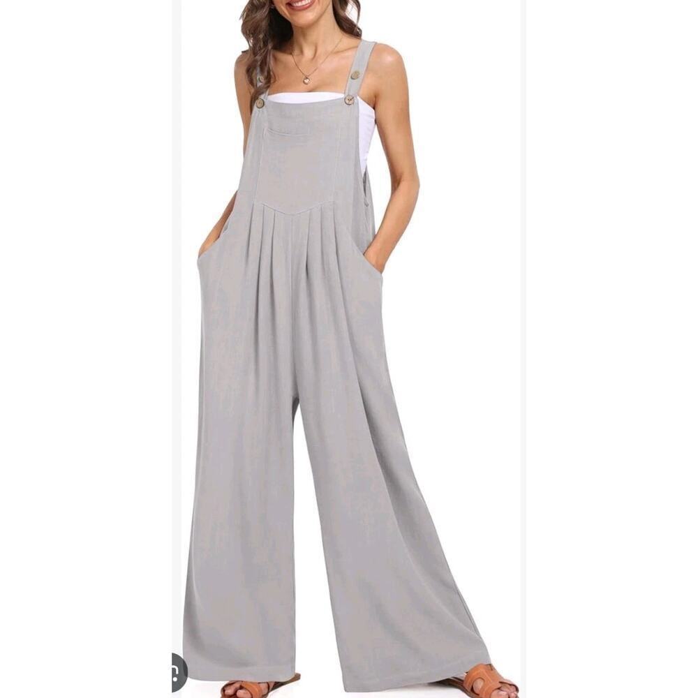 Women's Palazzo Overall Jumpsuit Romper L Beige Tan Neutral Color Big Bib Pocket